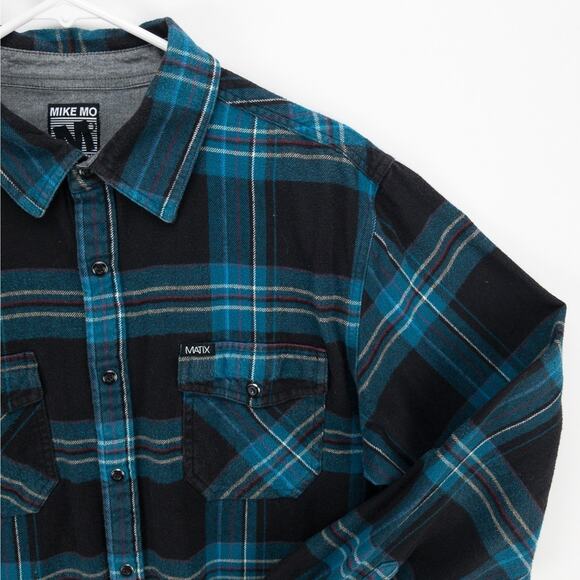 Snap Flannel Shirt Matix Mike Mo Collab Men’s Large Blue Black Plaid Skatewear - Picture 5 of 12